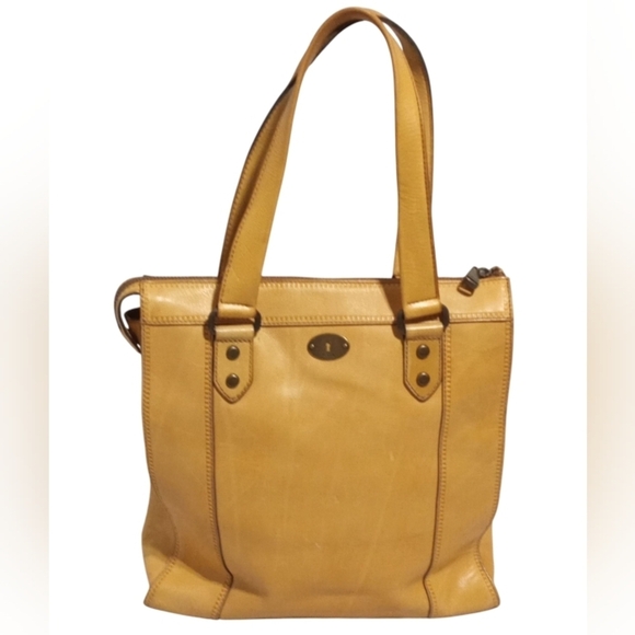 Fossil Mustard Yellow Cowhide Leather Zip Top Key Shoulder Tote Bag - Picture 3 of 8